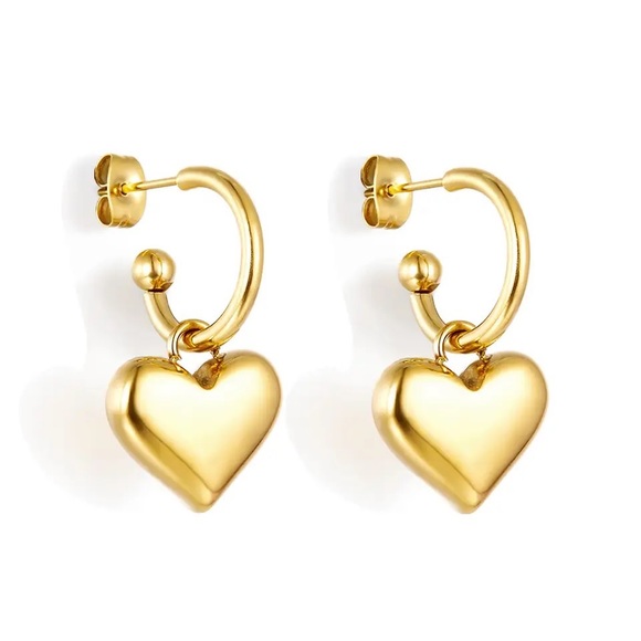 ◾️18k Gold Plated Heart Charm Dangle Earrings - Picture 2 of 6